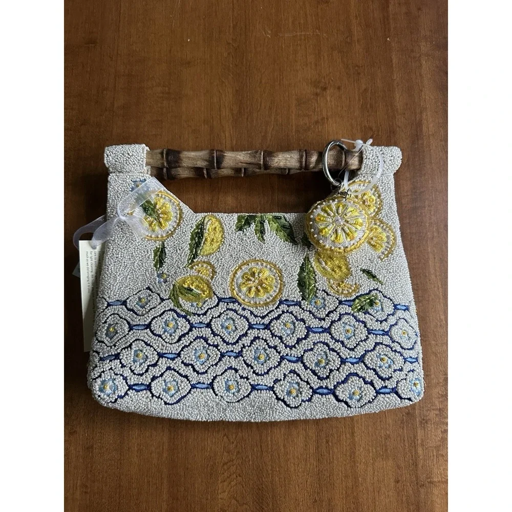 Handmade Beaded Lemon Riviera Bamboo Handle Purse Coastal Bag Charm Amalfi NWT